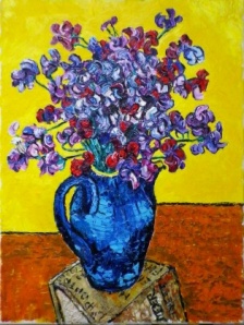 Sweetpeas in a blue coffee pot, Oil on canvas 61x46cm